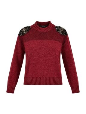 Guess Los Angele Mohair Blend Sweater Crewneck Sequins Beaded Floral Shoulder XS